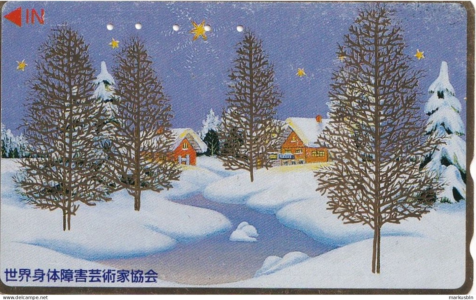 Japan Tamura 50u Private 110 - 180092 Gold Foil Winterscene Art Trees Snow Stars World Association Of Disabled Artists - Japón