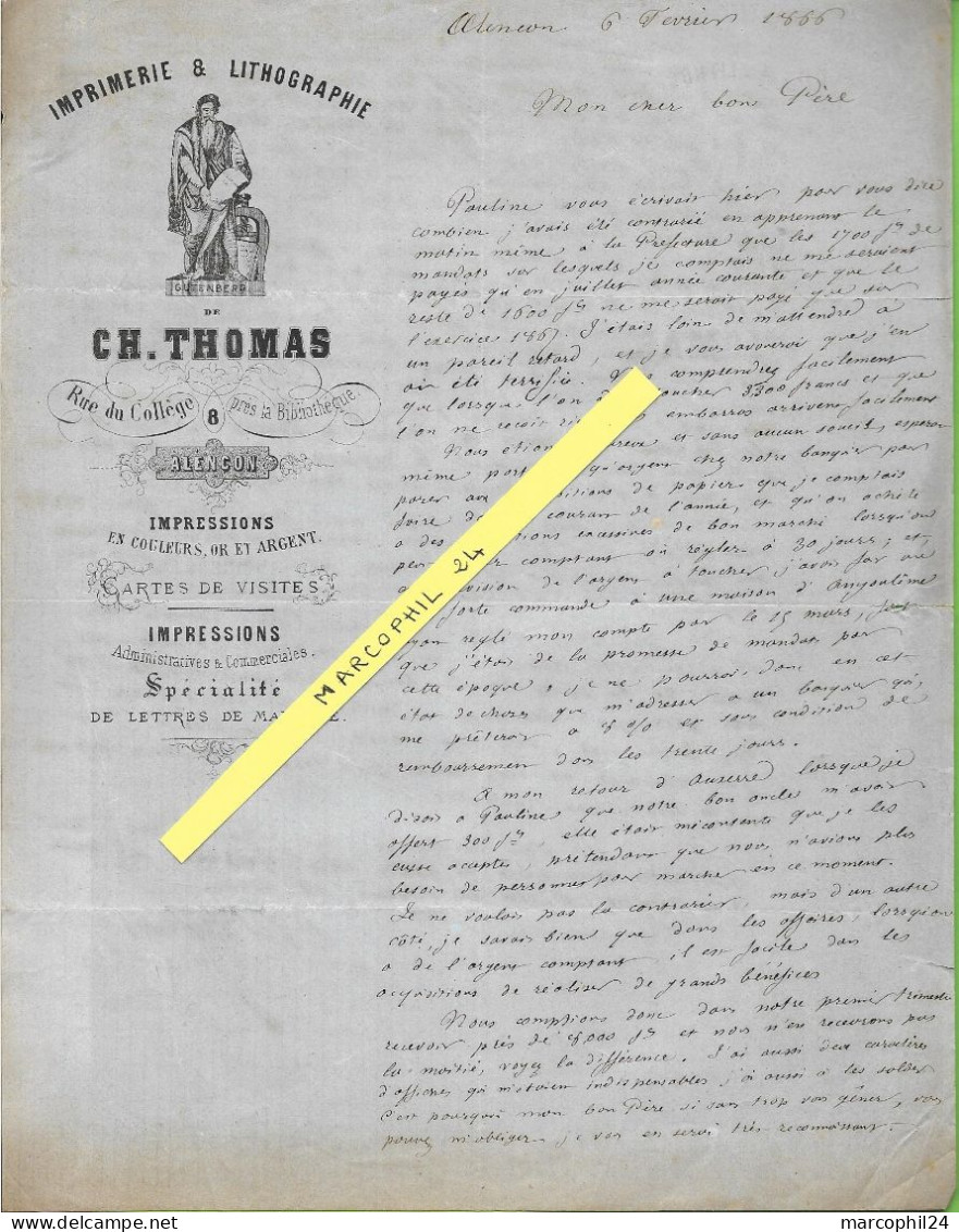 ORNE - Dépt N° 61 = ALENÇON 1866 = ENTETE De L'imprimerie Lithographie Ch. THOMAS + Lettre Manuscrite Signée - Imprenta & Papelería