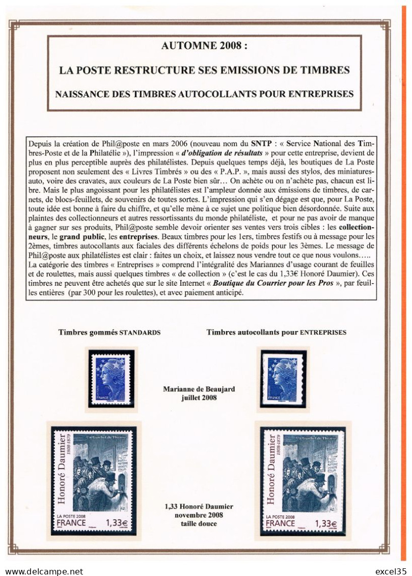 RRR 179a + 224 DAUMIER + Les Timbres Gommés TOUS N** Sur Document AUTOMNE 2008 Historique Autocollants Pour Entreprise - Ungebraucht