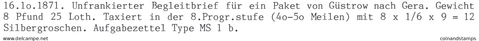 Norddeutscher Bund Paketbegleitbrief Güstrow 16.10.1871 Orig. Gelaufen Nach Gera, Aufgabezettel Type MS 1 B - Lettres & Documents