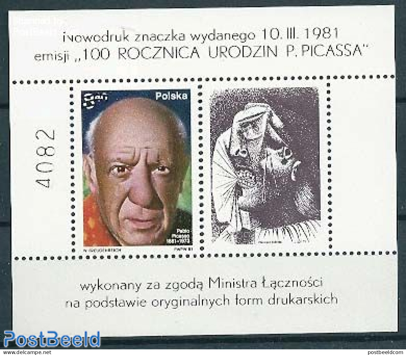 Poland 1981 Picasso S/s, Reprint, Mint NH, Art - Modern Art (1850-present) - Pablo Picasso - Self Portraits - Unused Stamps