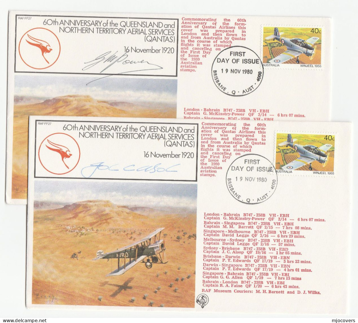 2 Diff SIGNED FLIGHTS Australia To Singapore Via Bahrain COVERS Aviation Flight Cover Fdc Stamps 1980 - FDC