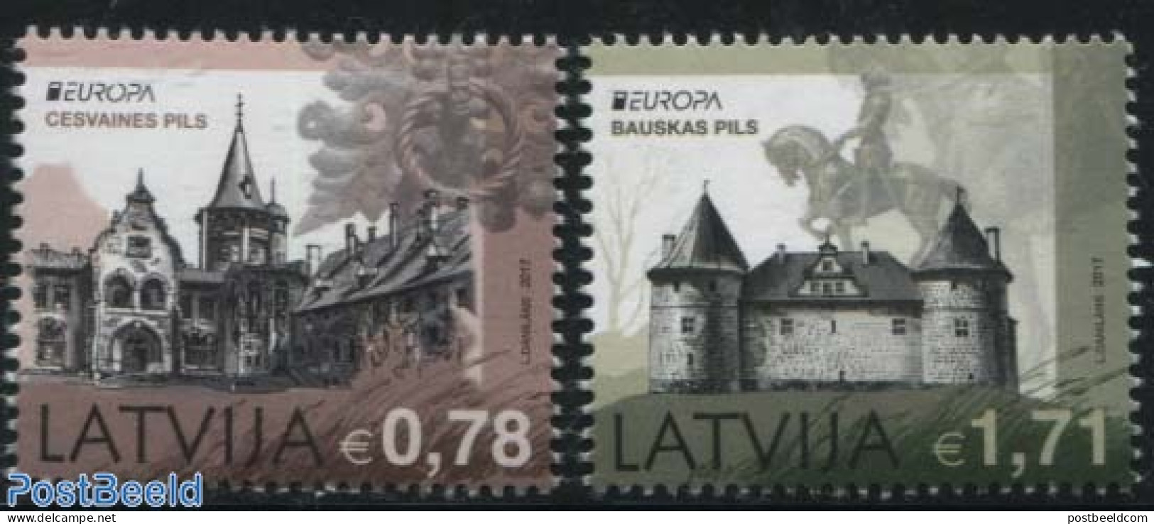 Latvia 2017 Europa, Castles 2v, Mint NH, History - Nature - Europa (cept) - Horses - Art - Castles & Fortifications - .. - Castillos
