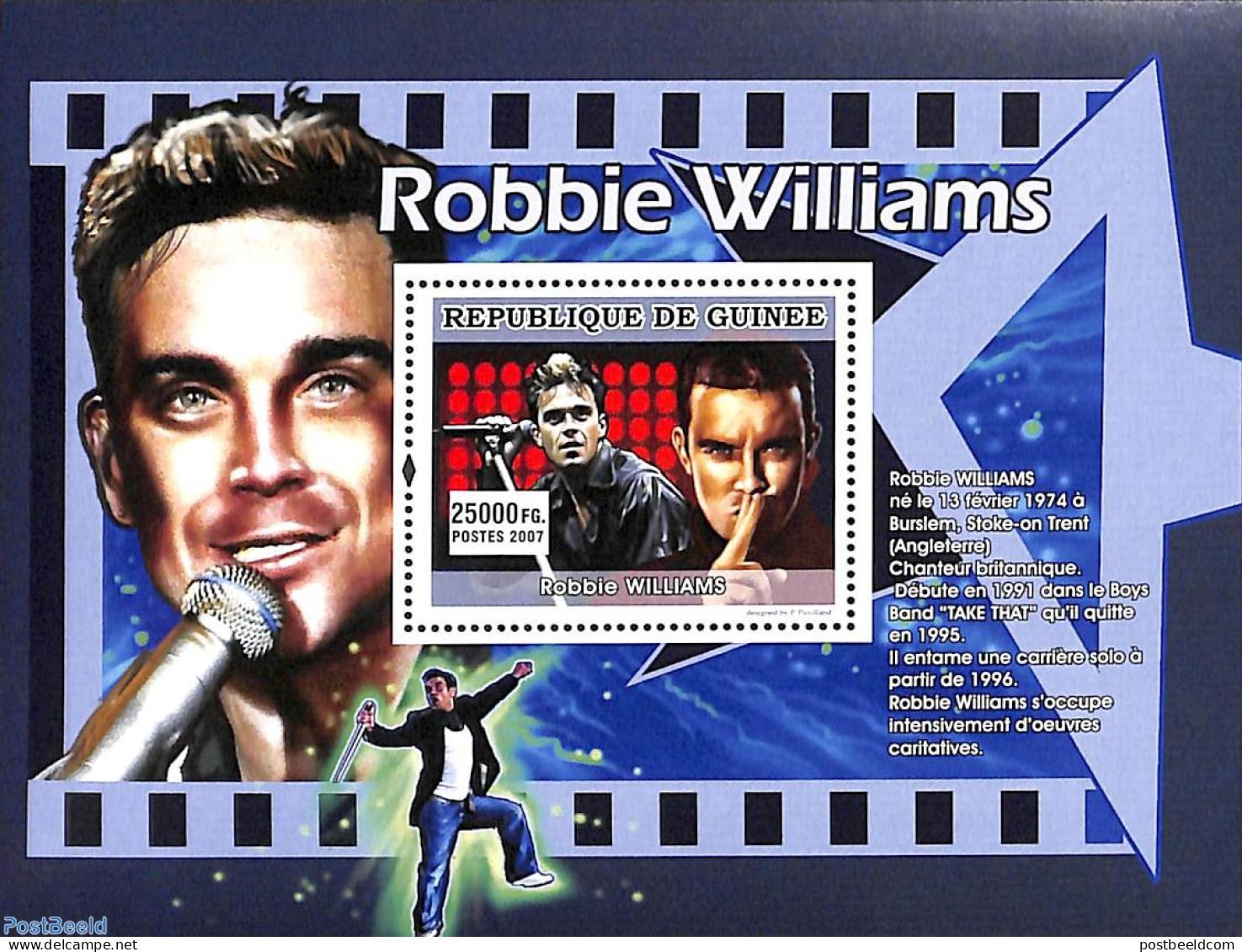 Guinea, Republic 2007 Robbie Williams S/s, Mint NH, Performance Art - Movie Stars - Music - Popular Music - Actores