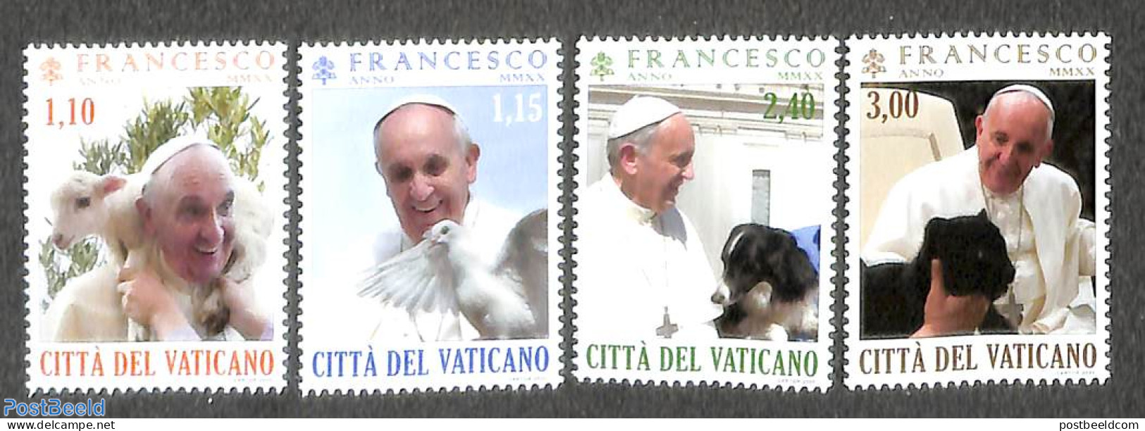 Vatican 2020 Pontificat Of Pope Francis 4v, Mint NH, Nature - Religion - Birds - Cat Family - Cattle - Dogs - Pope - Unused Stamps