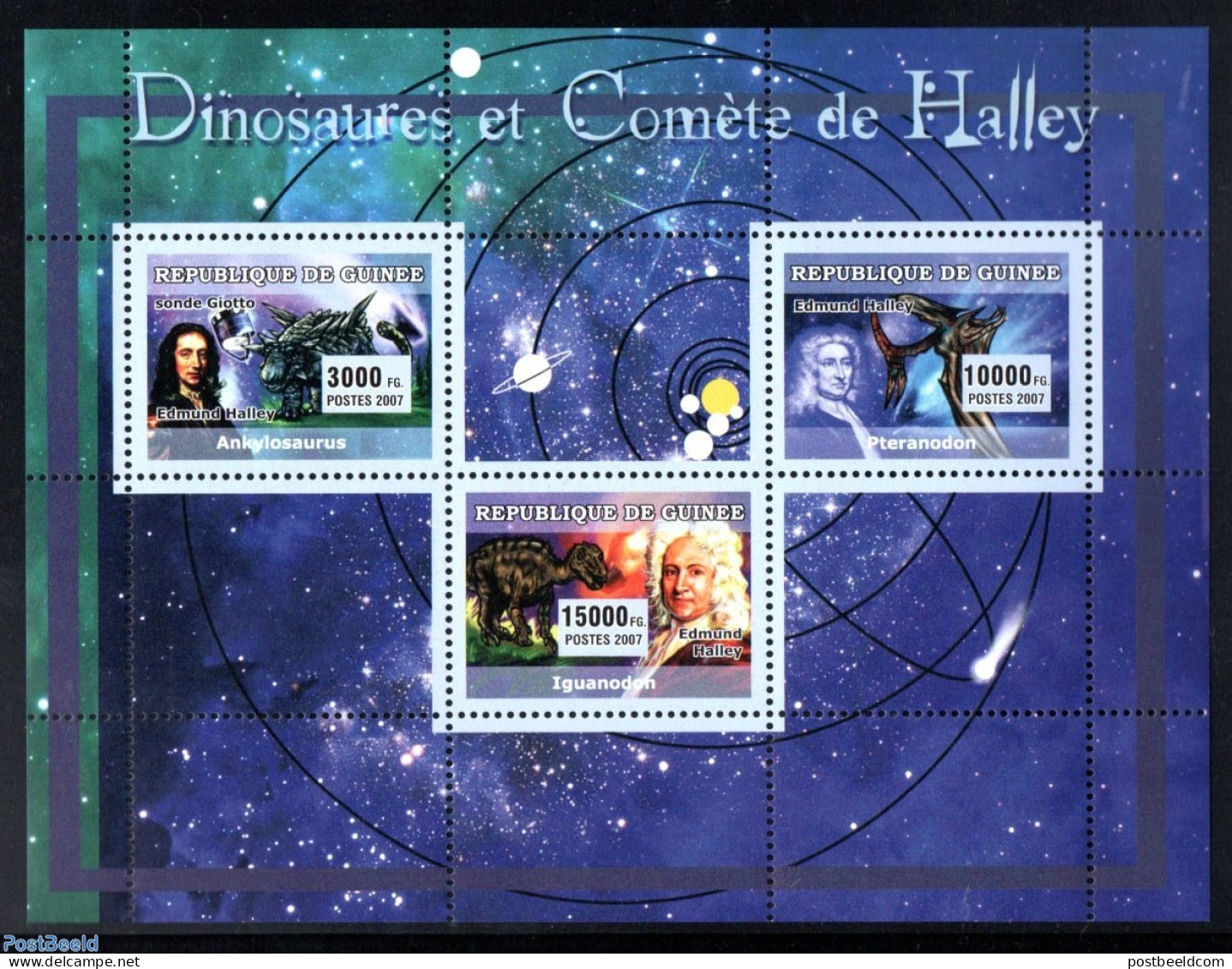 Guinea, Republic 2007 Halleys Comet / Dinosaurs S/s, Mint NH, Nature - Science - Prehistoric Animals - Astronomy - Hal.. - Prehistóricos