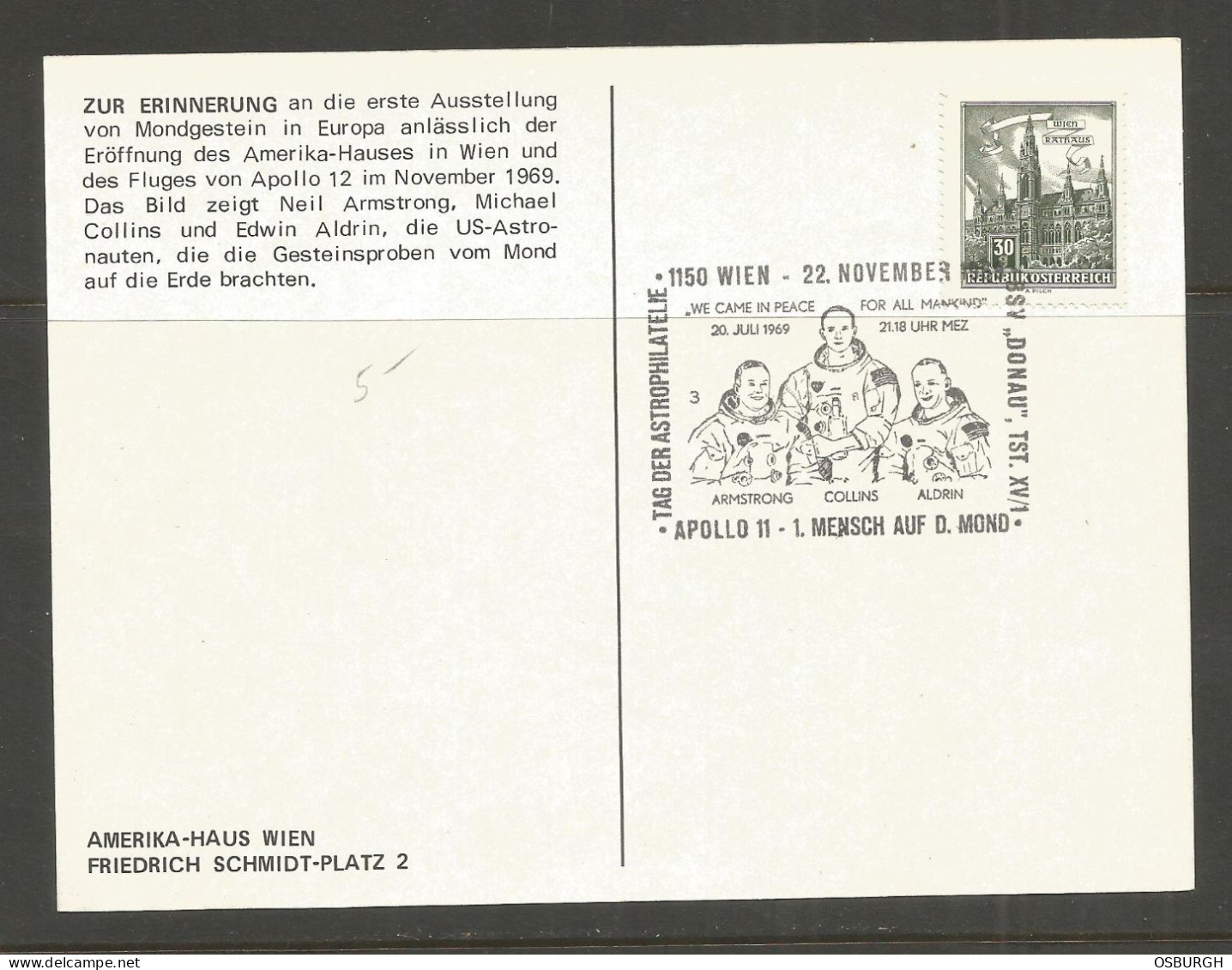 AUSTRIA. 1969. CARD. APOLLO 11 POSTMARK. SPACE. - Cartas & Documentos