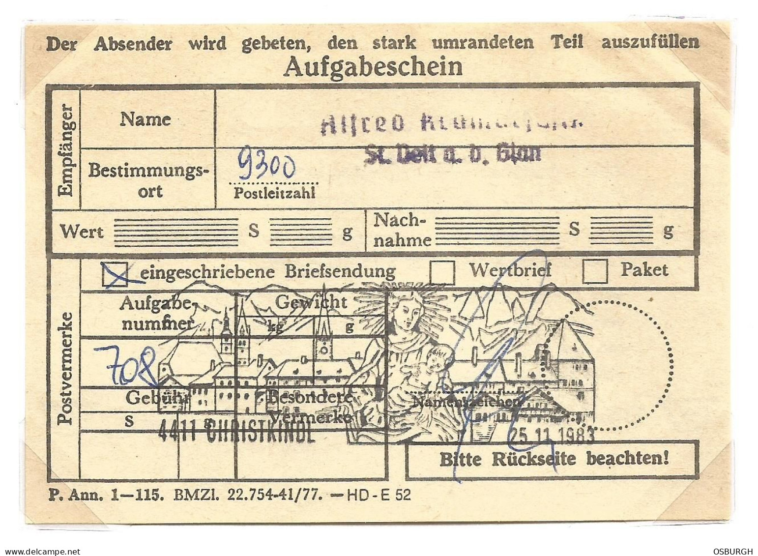 AUSTRIA. 1983. AUFGABESCHEIN. CHRISTKINDL CANCEL - Altri & Non Classificati