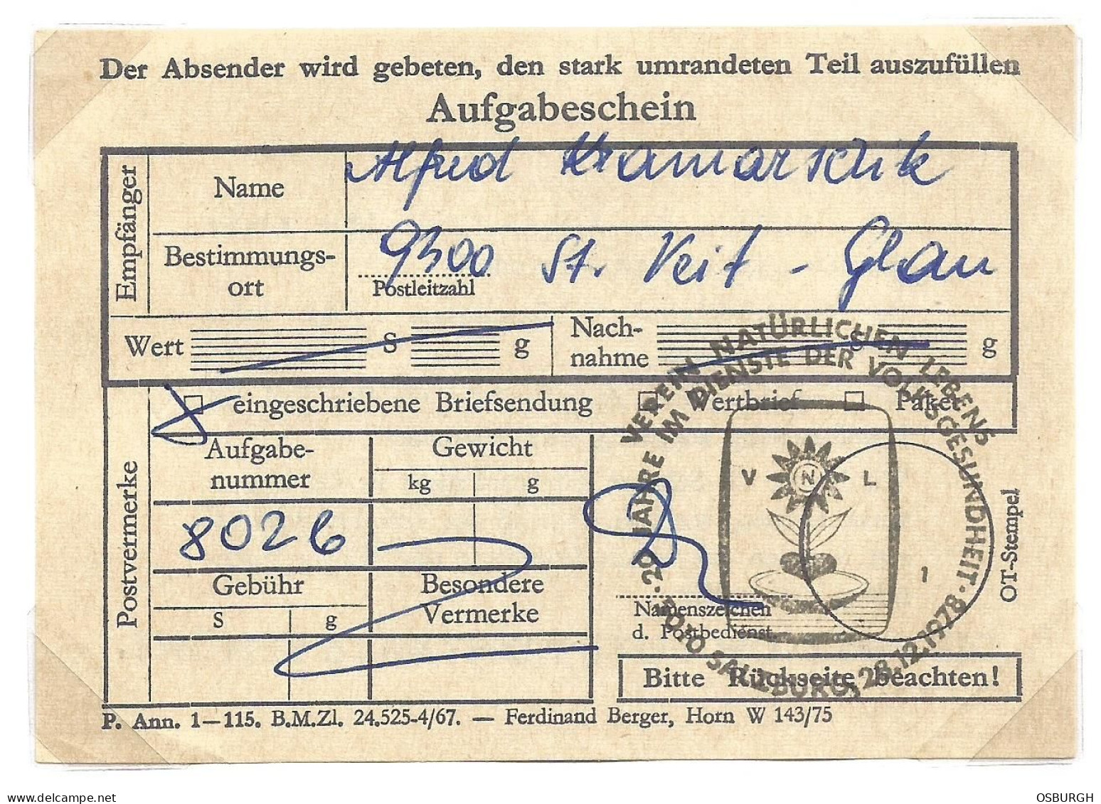 AUSTRIA. 1978. AUFGABESCHEIN. VEREIN NATURLICHEN LEBENS CANCEL - Sonstige & Ohne Zuordnung