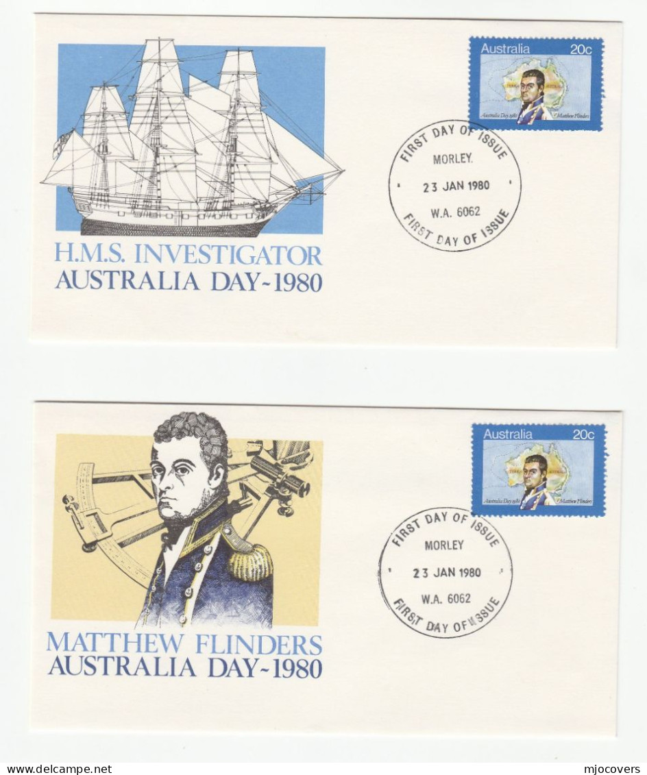 2 Diff Matthew FLINDERS Illus FDCS Morley AUSTRALIA Cover 1982  Stamps  Map Sailing Ship Explorer Navigation  Fdc - FDC