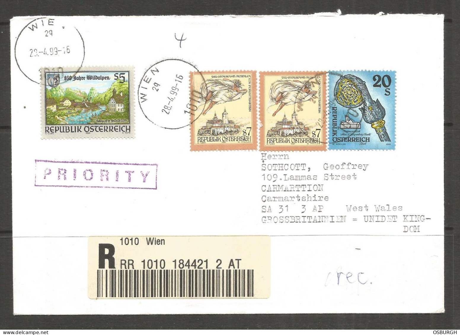 AUSTRIA. 1999. REGISTERED COVER. WIEN TO CARMARTHEN WALES. - Lettres & Documents