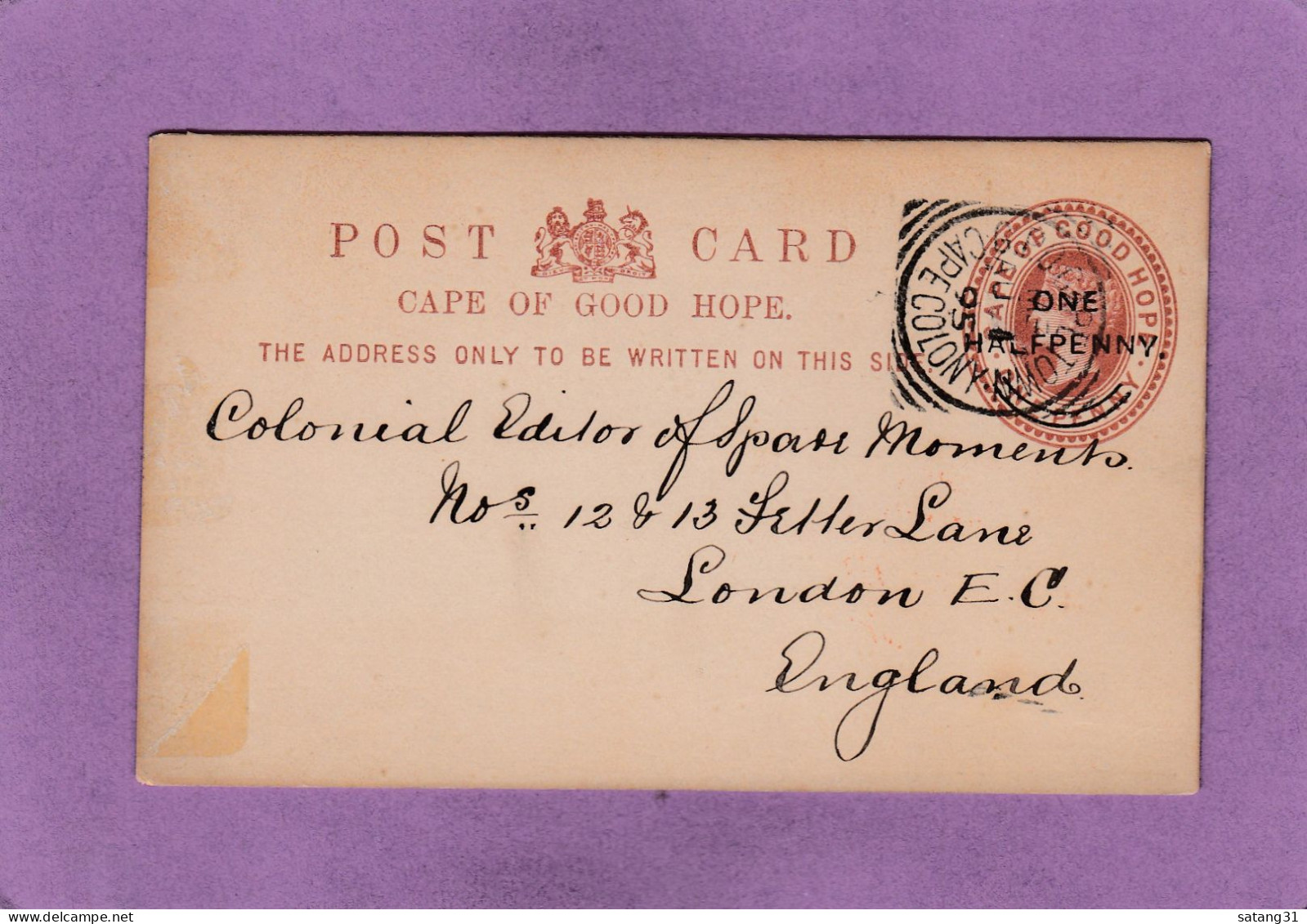 ENTIER POSTAL DU CAP ,SURCHARGE "ONE HALF PENNY" SUR "ONE PENNY,POUR LONDRES,1895. - Cabo De Buena Esperanza (1853-1904)