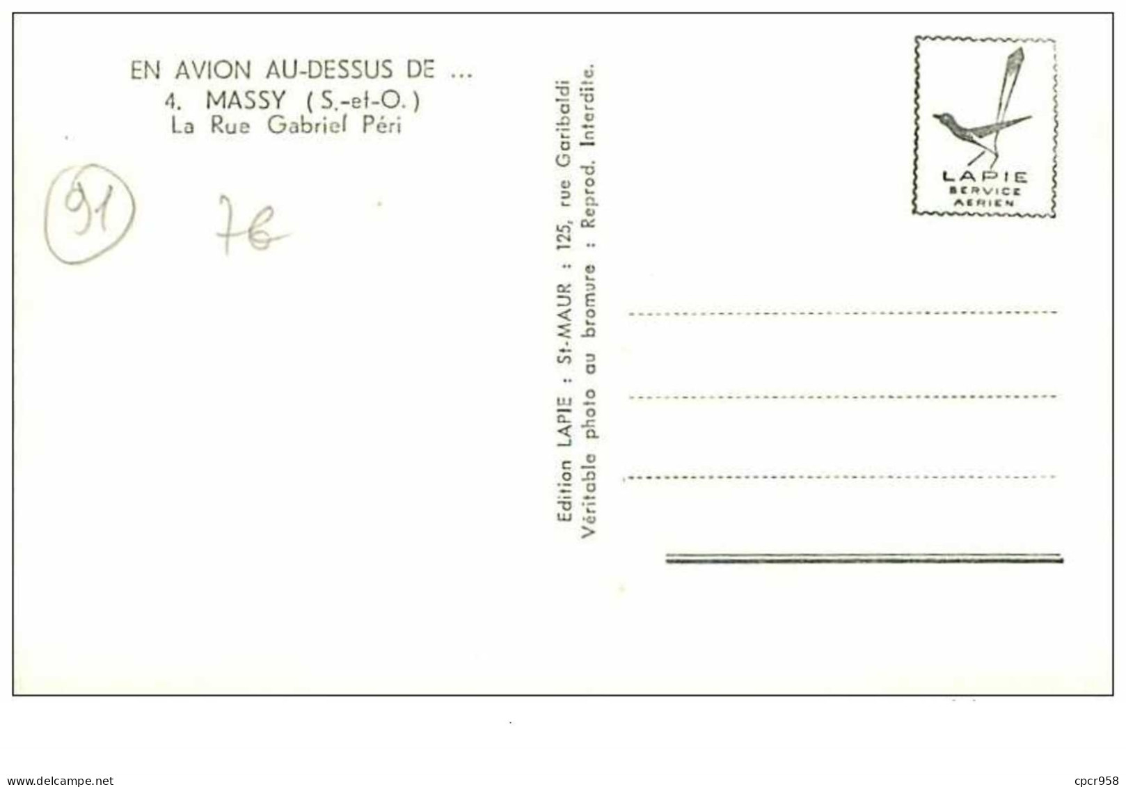 91.MASSY.n°88.LA RUE GABRIEL PERI.CPSM.EN AVION AU DESSUS DE.... - Massy