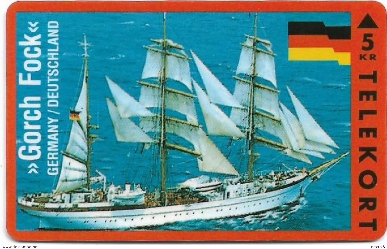 Denmark - KTAS - Ships (Red) - Germany - Gorch Fock - TDKP028B - 08.1993, 5kr, 2.000ex, Used - Dänemark