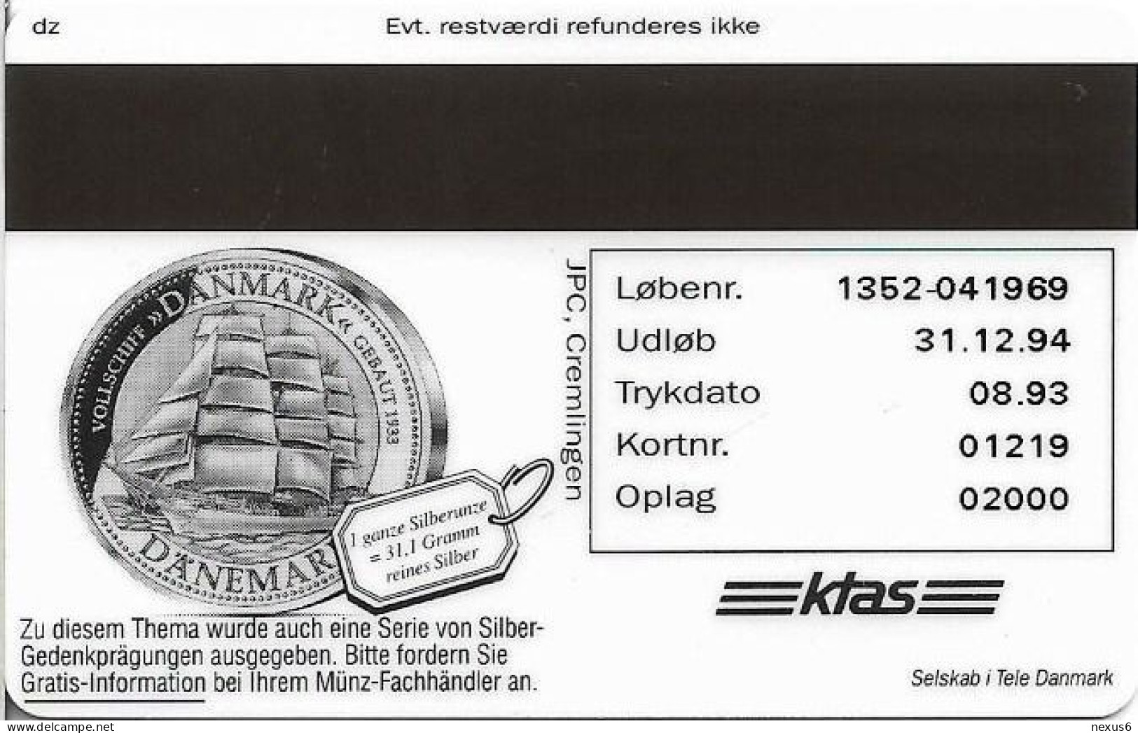 Denmark - KTAS - Ships (Red) - Germany - Gorch Fock - TDKP028B - 08.1993, 5kr, 2.000ex, Used - Denmark