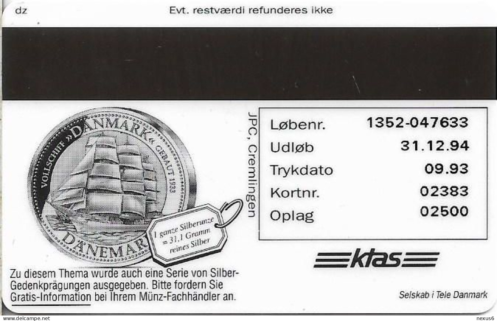 Denmark - KTAS - Ships (Red) - Germany - Gorch Fock - TDKP028C - 09.1993, 5kr, 2.500ex, Used - Dänemark