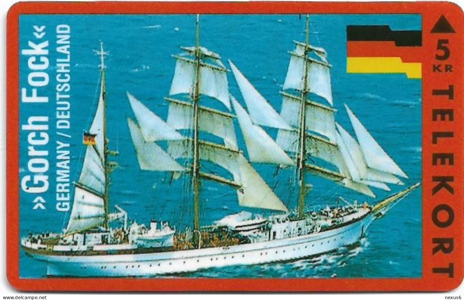 Denmark - KTAS - Ships (Red) - Germany - Gorch Fock - TDKP028D - 11.1993, 5kr, 1.200ex, Used - Denmark