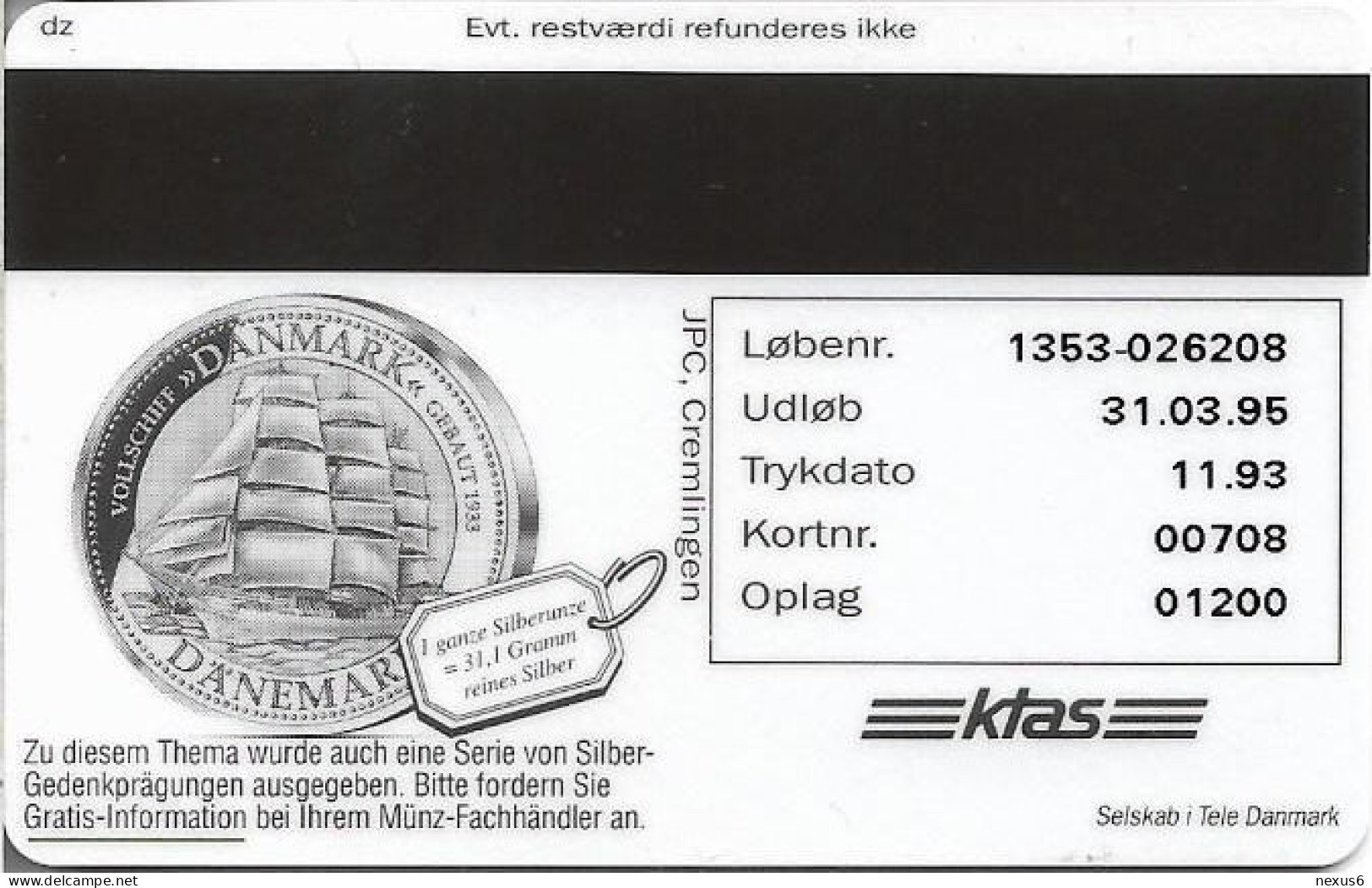 Denmark - KTAS - Ships (Red) - Germany - Gorch Fock - TDKP028D - 11.1993, 5kr, 1.200ex, Used - Dänemark