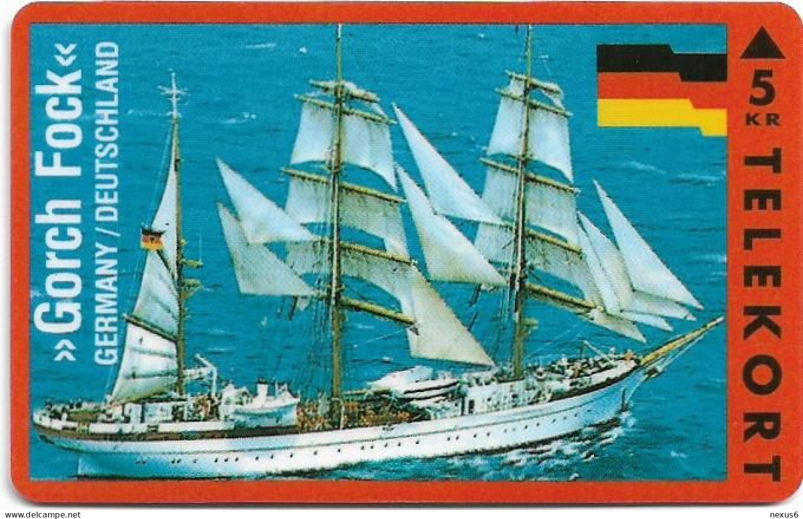 Denmark - KTAS - Ships (Red) - Germany - Gorch Fock - TDKP028E - 03.1994, 5kr, 1.000ex, Used - Denemarken