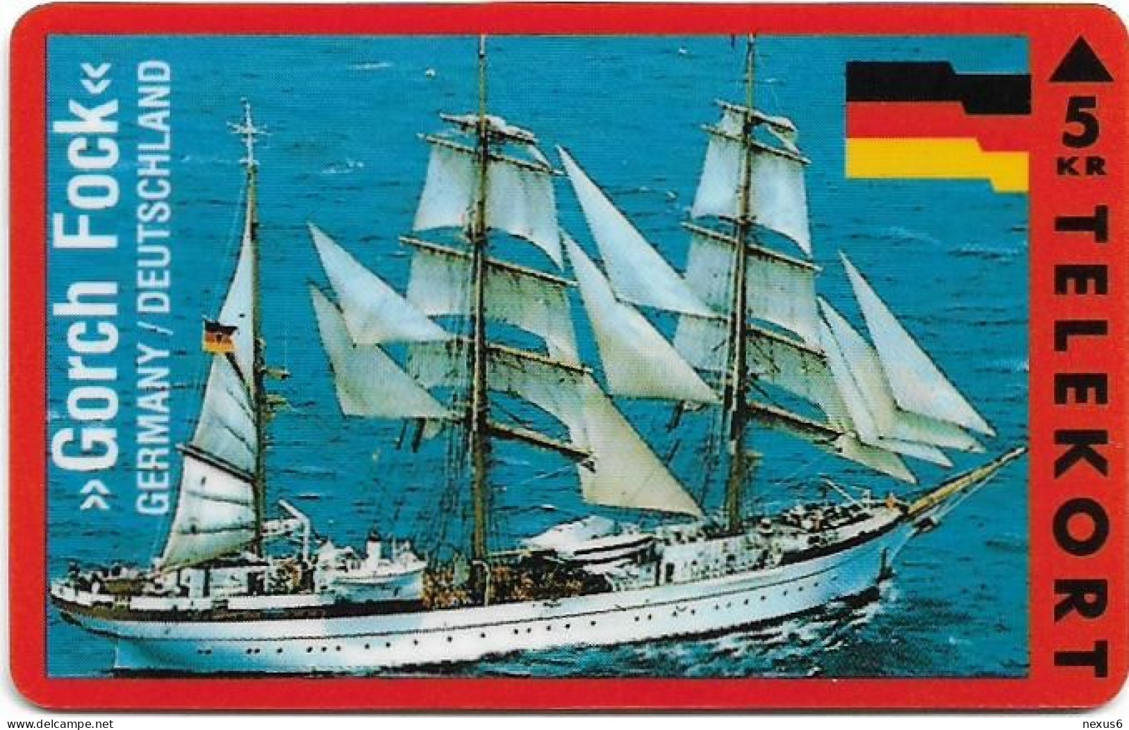 Denmark - KTAS - Ships (Red) - Germany - Gorch Fock - TDKP028F - 06.1994, 5kr, 2.000ex, Used - Dänemark