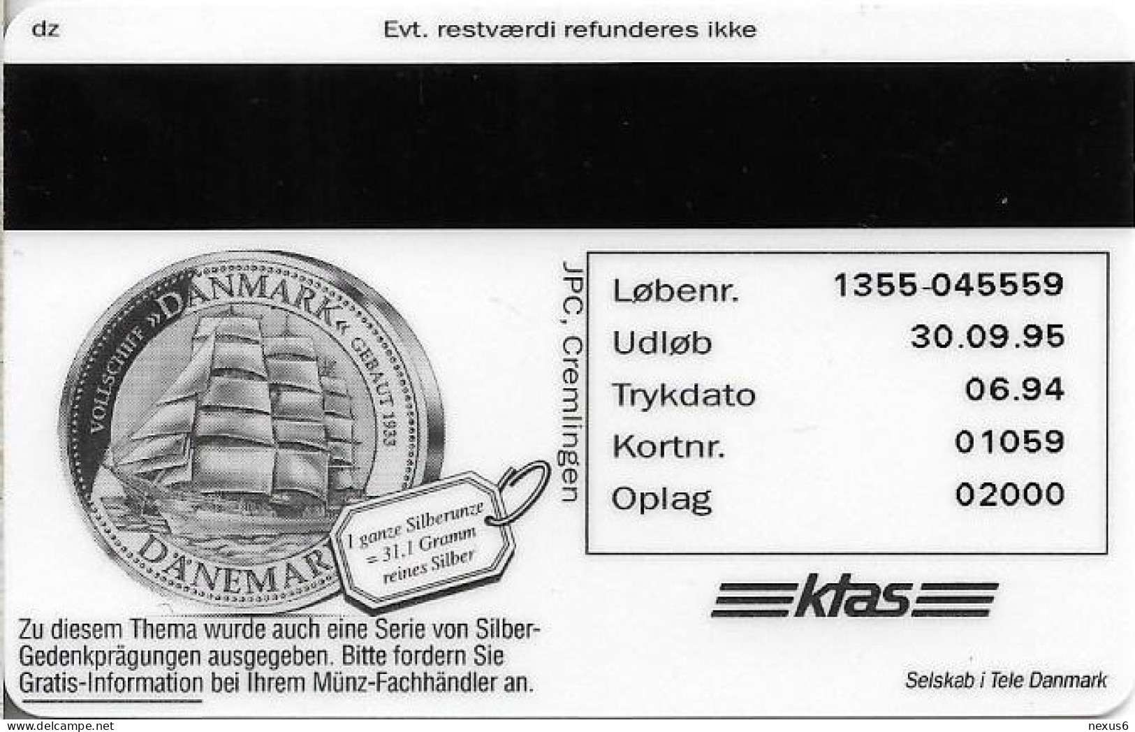 Denmark - KTAS - Ships (Red) - Germany - Gorch Fock - TDKP028F - 06.1994, 5kr, 2.000ex, Used - Denemarken