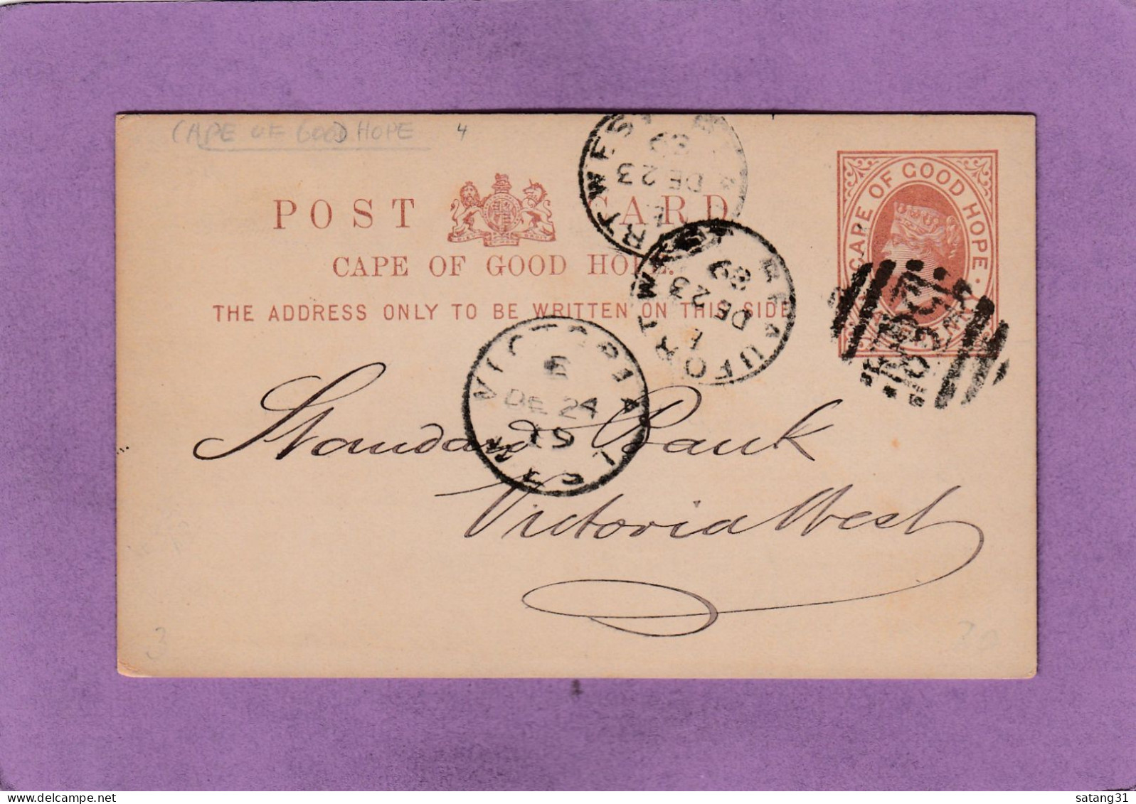 ENTIER POSTAL AVEC REPIQUAGE "THE STANDARD BANK OF SOUTH AFRICA LIMITED" DE BEAUFORT WEST POUR VICTORIA WEST,1889. - Cabo De Buena Esperanza (1853-1904)