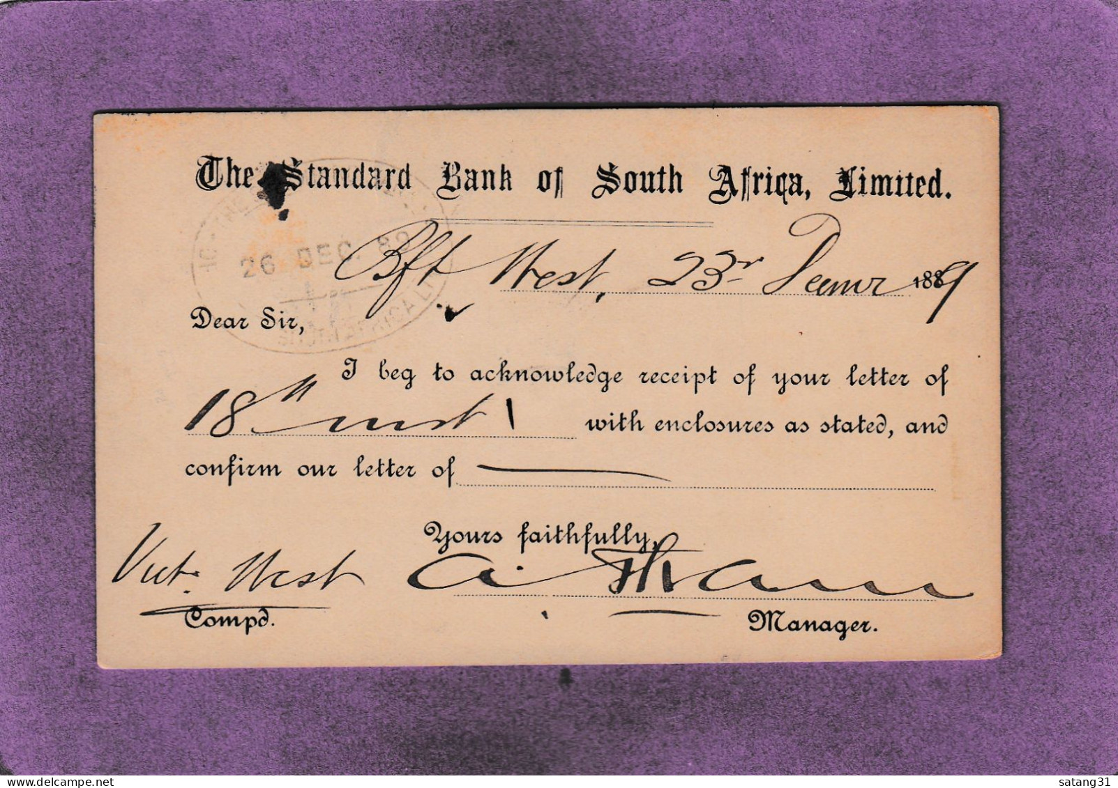 ENTIER POSTAL AVEC REPIQUAGE "THE STANDARD BANK OF SOUTH AFRICA LIMITED" DE BEAUFORT WEST POUR VICTORIA WEST,1889. - Cap De Bonne Espérance (1853-1904)