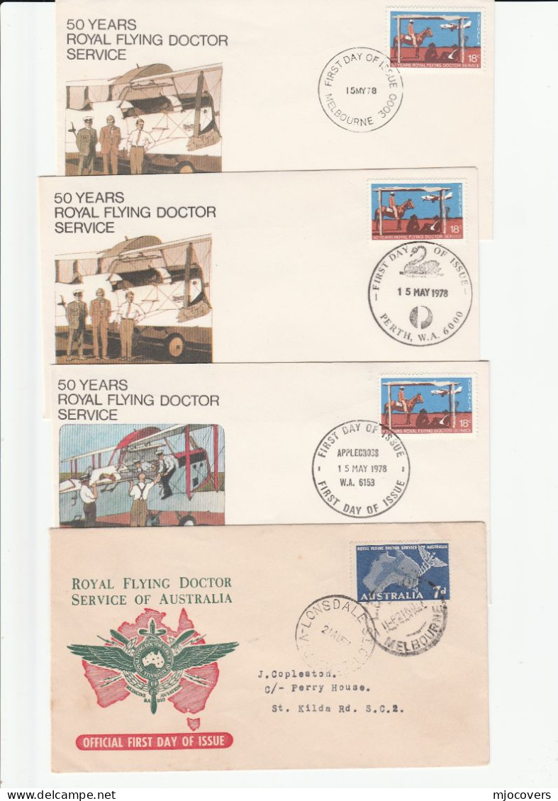 Flying DOCTOR  4 Diff  AUSTRALIA FDCs 1957 Melbourne, 1978 Melbourne Perth Applecross Cover Fdc Health Medicine Aviation - Sobre Primer Día (FDC)