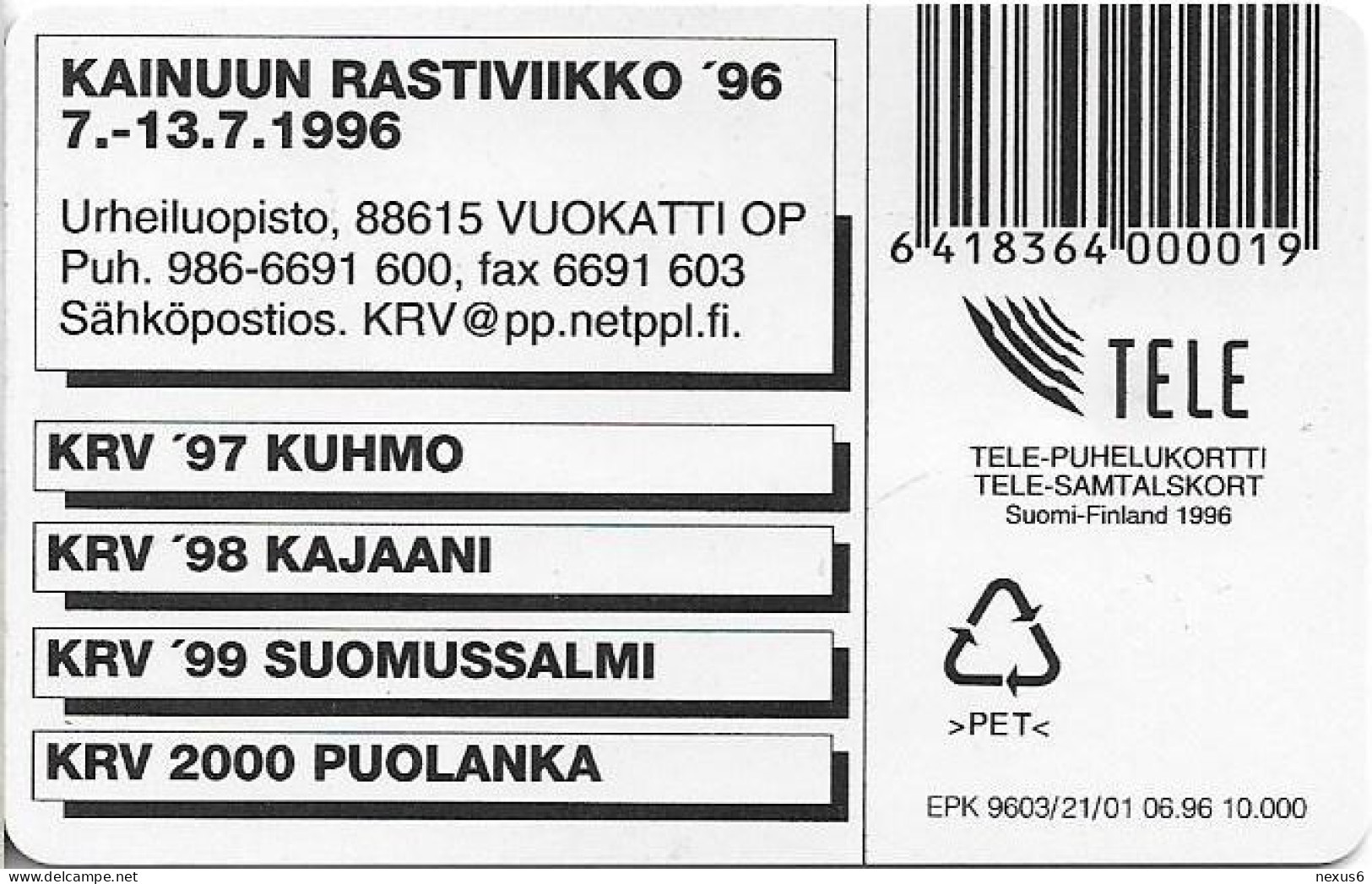 Finland - Sonera (Chip) - D Series - Kainuun Rastiviikko, Chip Solaic 05, 06.1996, 30U, 10.000ex, Used - Finlande