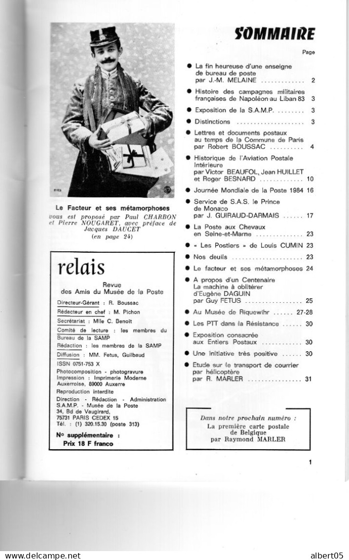 Relais N° 7 Oct 1984  Revue Des Amis Du Musée De  La Poste - Avec Sommaire - Facteur Rural - Daguin................. - Filatelia E Historia De Correos