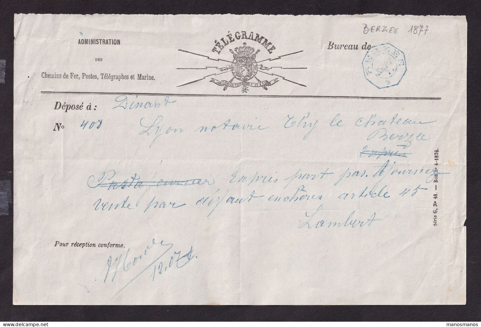DDFF 926 -- Formule De Télégramme Ancienne - DINANT à BERZEE 1877 - Cachet Télégraphique Type 1 BERZEE Bleu - Telegrams