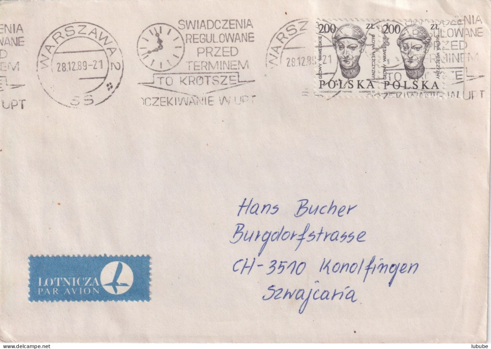 Luftpost Brief  Warschau - Konolfingen  (Uhrenmotiv)     1989 - Briefe U. Dokumente