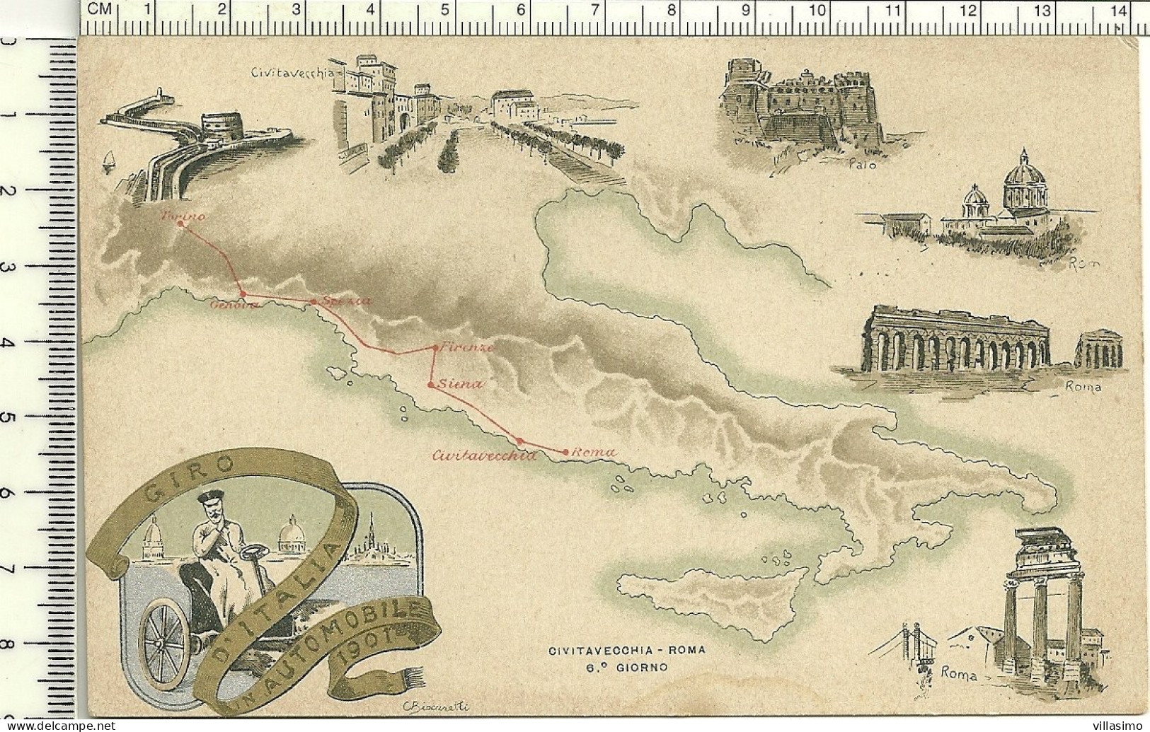 GIRO D'ITALIA IN AUTOMOBILE 1901 - 6° GIORNO -CIVITTAVECCHIA-ROMA - CON ANNULLO DEL COMITATO ESECUTIVO. ILL. BISCARETTI - Sonstige & Ohne Zuordnung