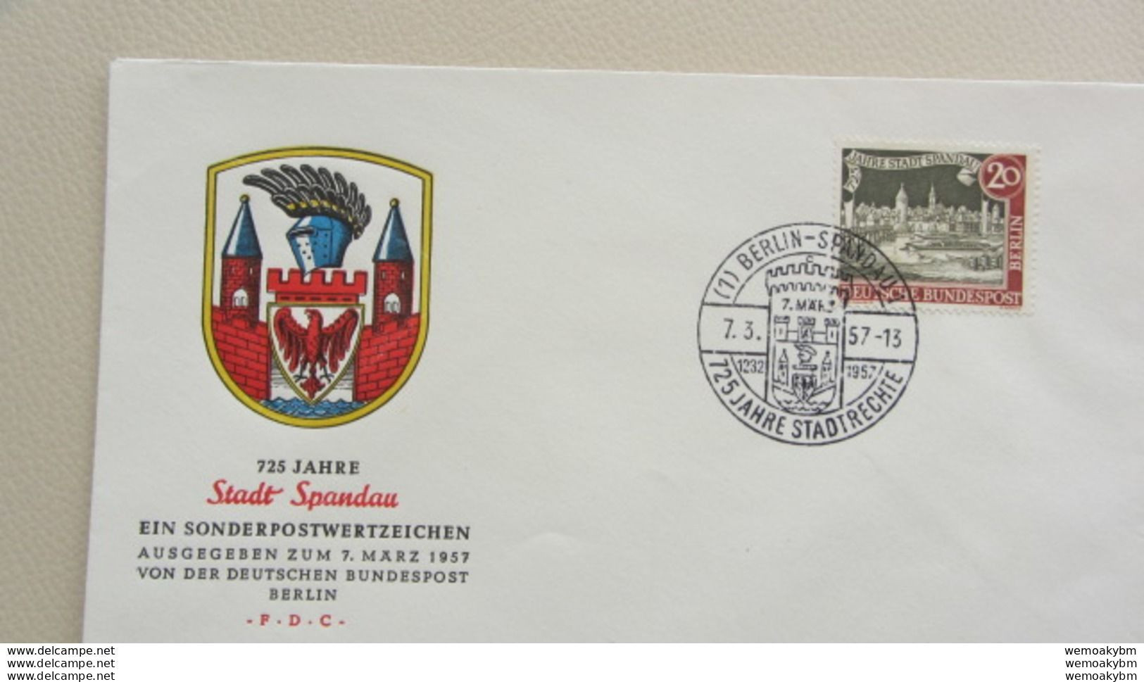 Berlin: FDC-Brief Mit 20 Pf "Stadt Spandau" SoSt. Berlin-Spandau Vom 7.3.57 "750 Jahre Stadtrechte" Knr: 159 - 1948-1970