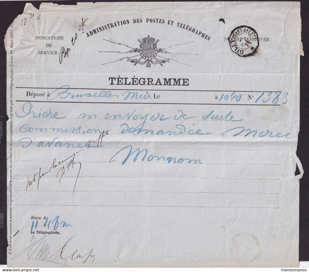 DDFF 930 -- Formule De Télégramme - Variété Imprimée Sur Verso - BXL à GILLY SART ALLET 1879 - Cachet Télég.Type 1 - Telegrams