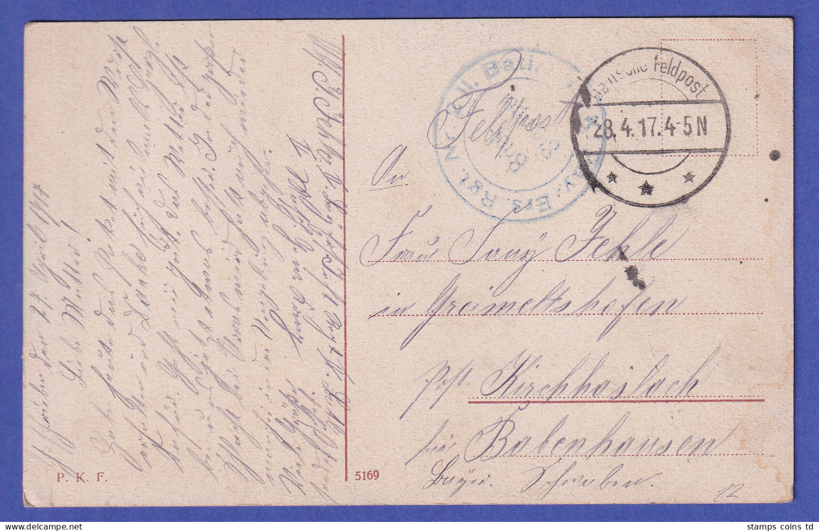 Bildpostkarte Bayer.-Ersatzregiment Nr. 4 Gel. Als Feldpost N. Kirchhaslach 1917 - Feldpost (Portofreiheit)