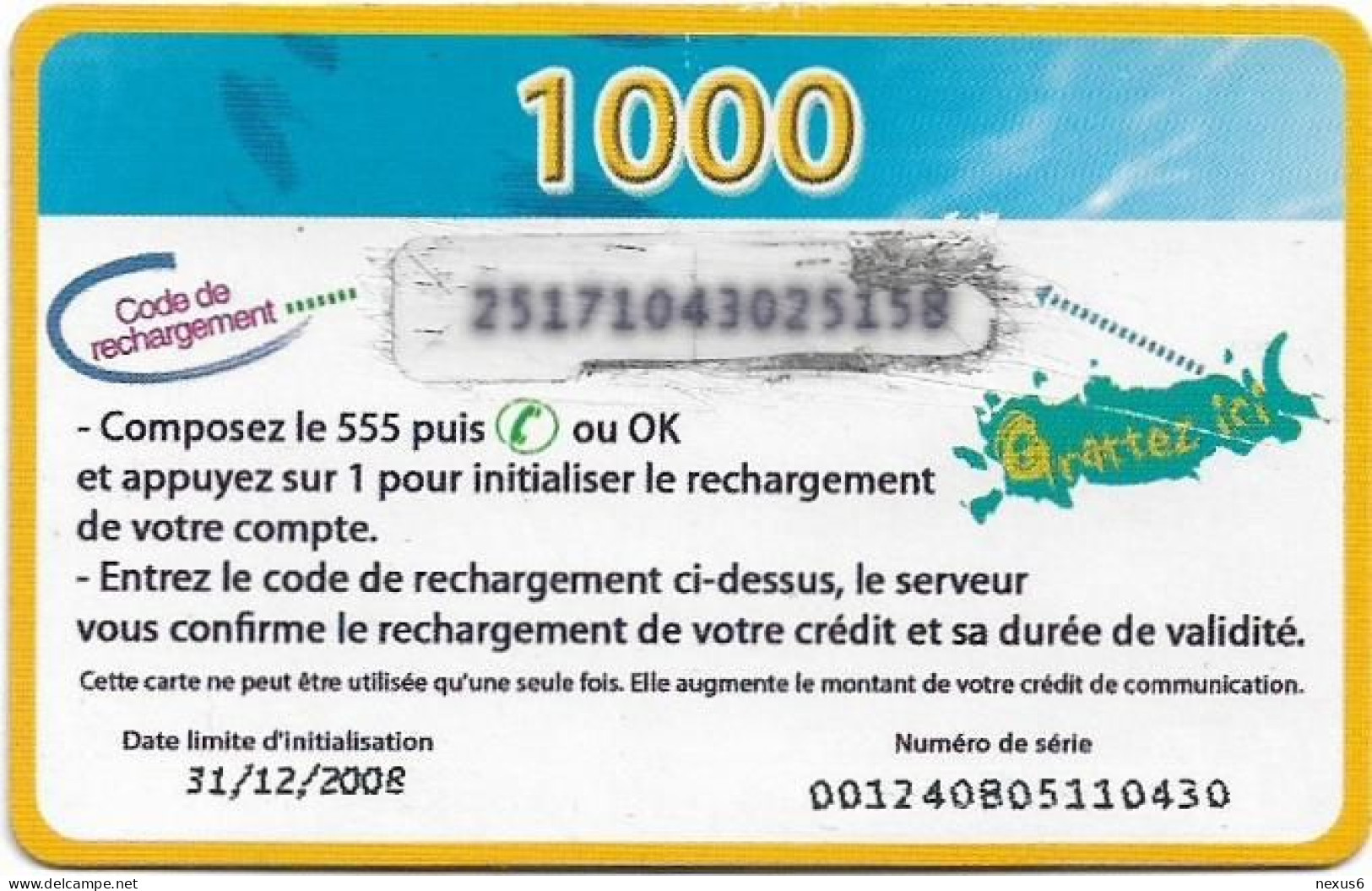 New Caledonia - OPT - Liberte - Seahorse (Medium Expiry Date), GSM Refill 1.000CFP, Exp.31.12.2008, Used - Nieuw-Caledonië