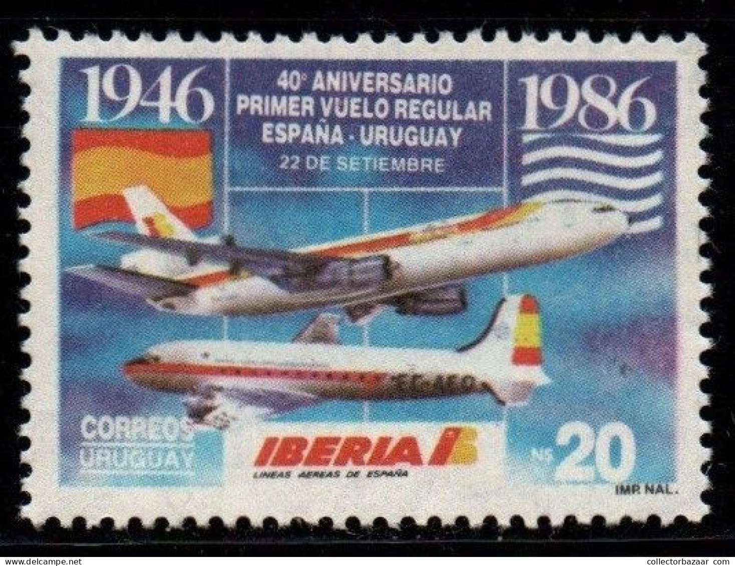1986 Uruguay Scheduled Flights Uruguay-Spain 40th Anniversary #1222 ** MNH - Uruguay