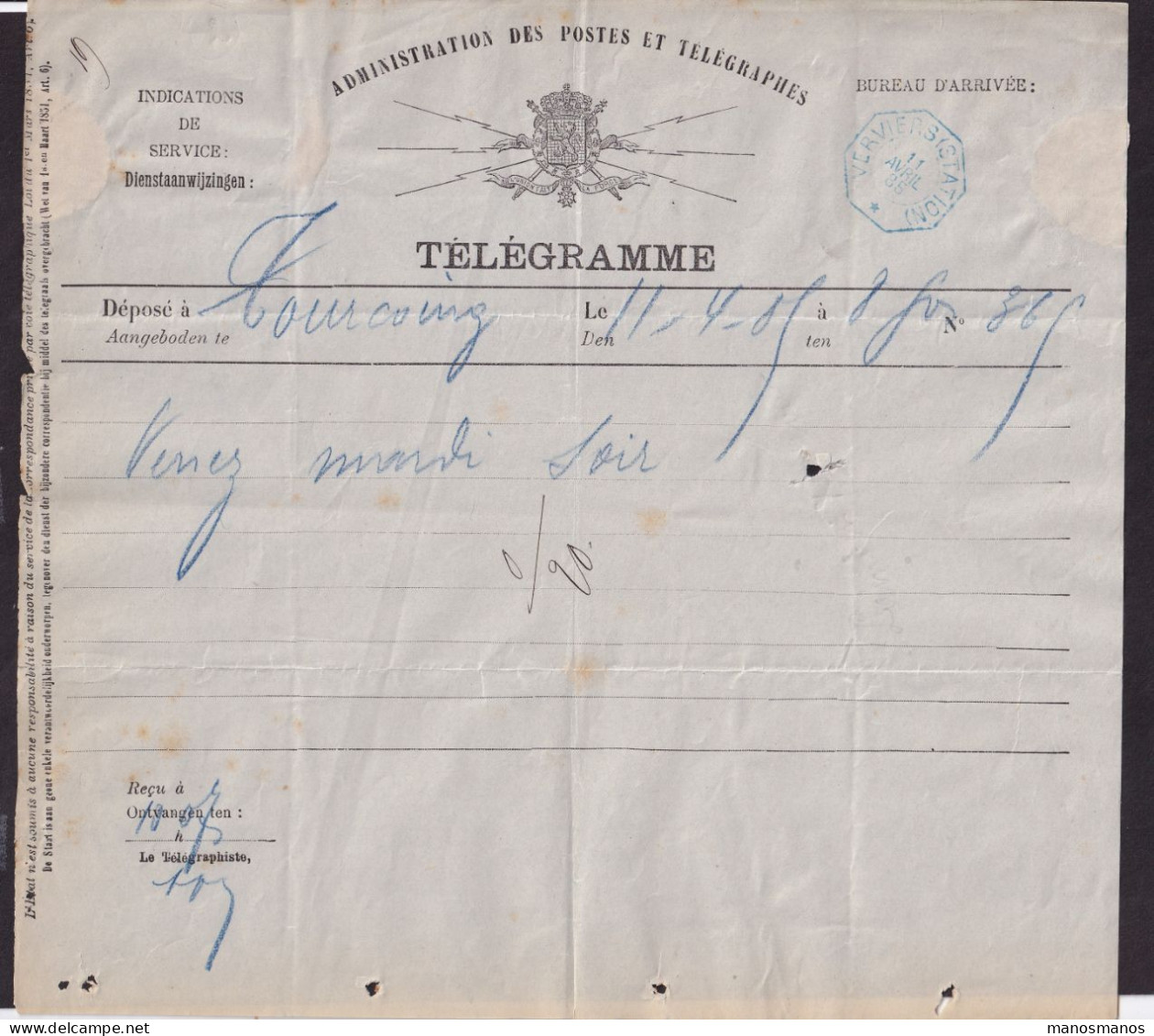 DDFF 933 -- Formule De Télégramme Unilingue - TOURCOING à VERVIERS Station 1885 - Cachet Télégraphique Type 2 Bleu - Telegrammen