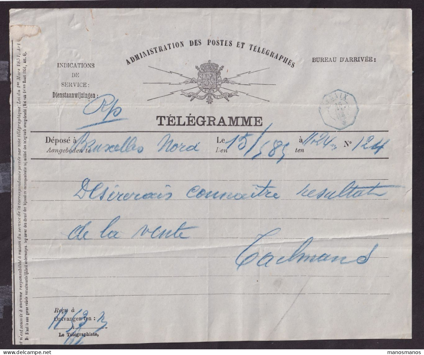 DDFF 934 -- Formule De Télégramme Unilingue - Bruxelles à RENAIX 1885 - Cachet Télégraphique Type 1 Bleu - Telegrams