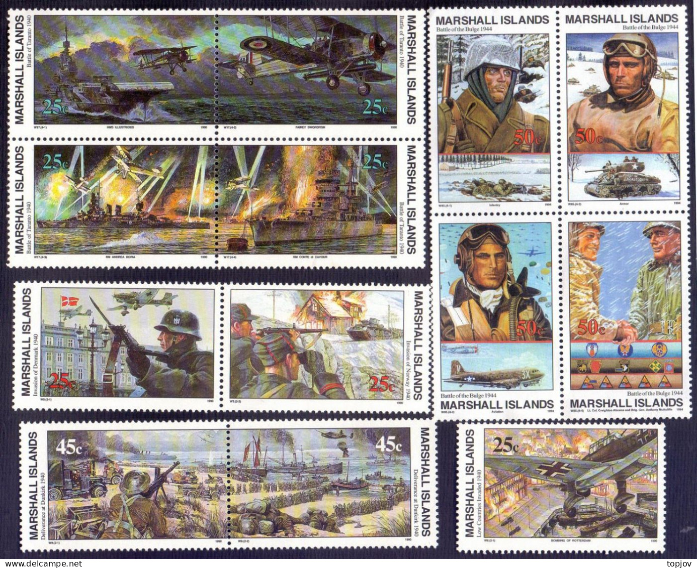 MARSHALL Is  - GERMAN  INVASION NORWAY DANMARK  - BATTLE TARANTO + BULGE - **MNH - 1991 - WW2