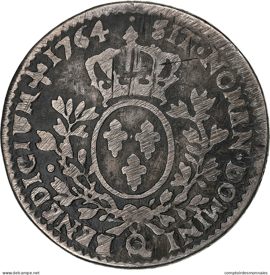 France, Louis XV, 1/5 Écu Aux Branches D'olivier, 1764, Perpignan, Argent, B+ - 1715-1774 Lodewijk XV