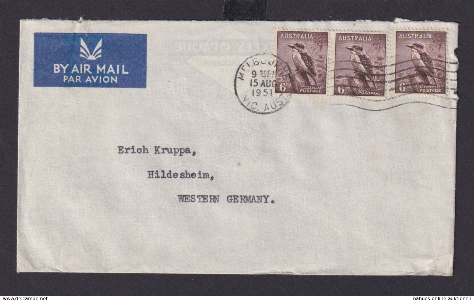 Australien Flugpost Airmail MEF 6d Tiere Vögel Melbourne Hildesheim 15.8.1951 - Collections