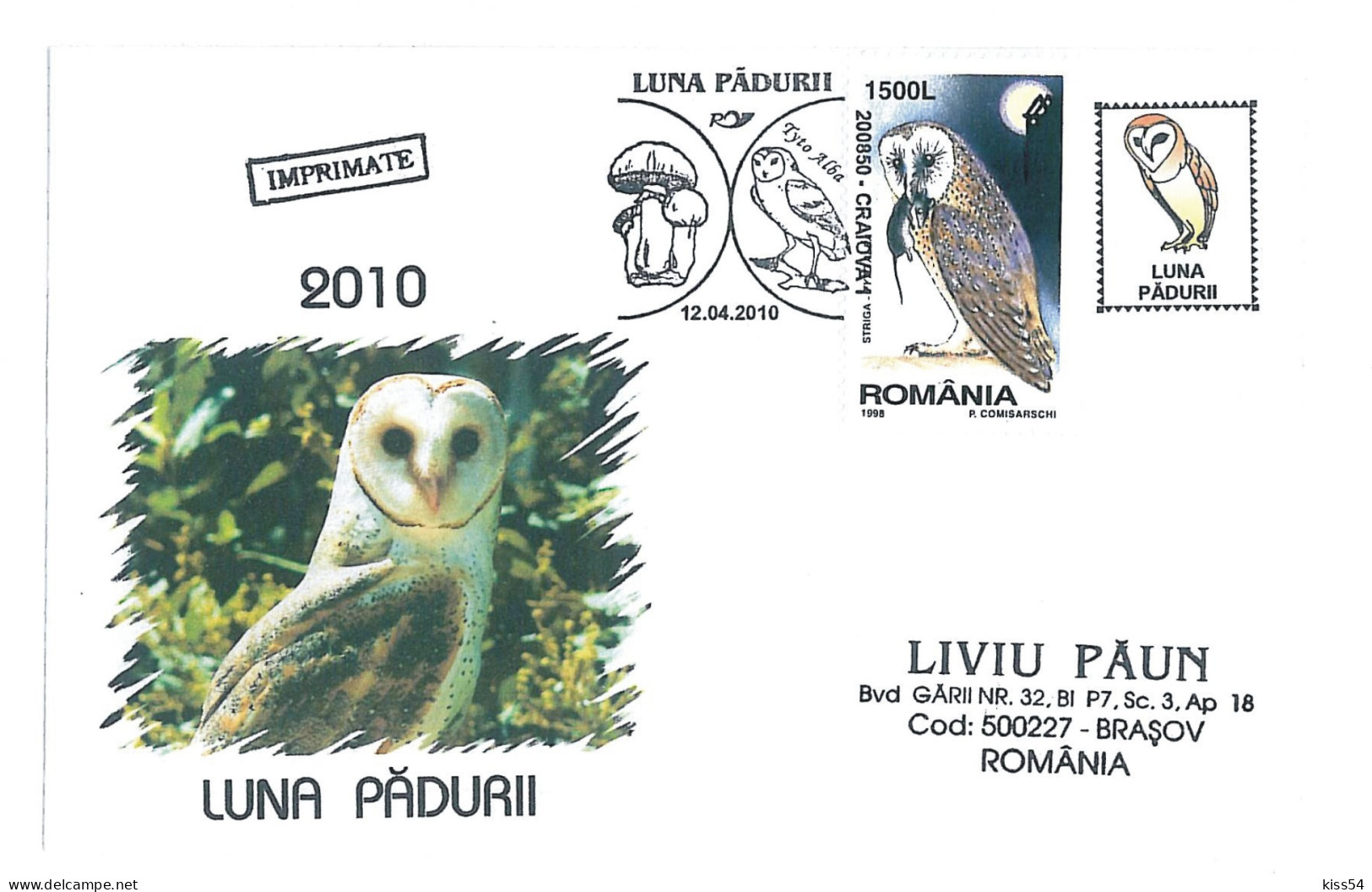 CV 27 - 922 OWL, Romania - Cover - Used - 2010 - Búhos, Lechuza