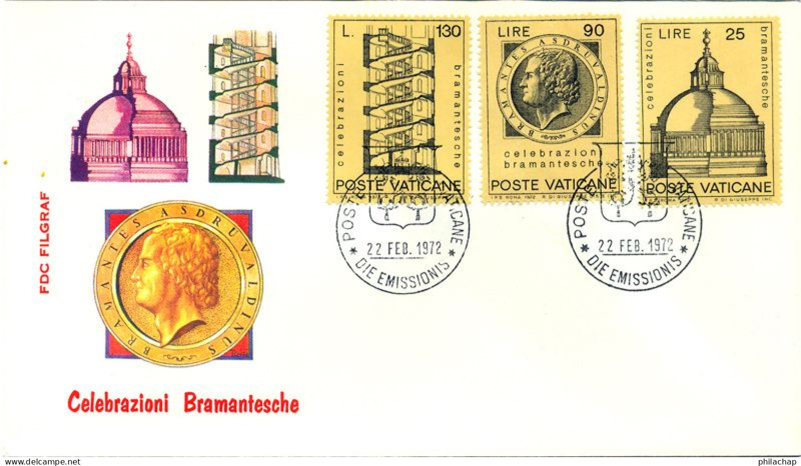 Vatican FDC 1972 Yvert 533 / 535 Architecte Bramante - FDC