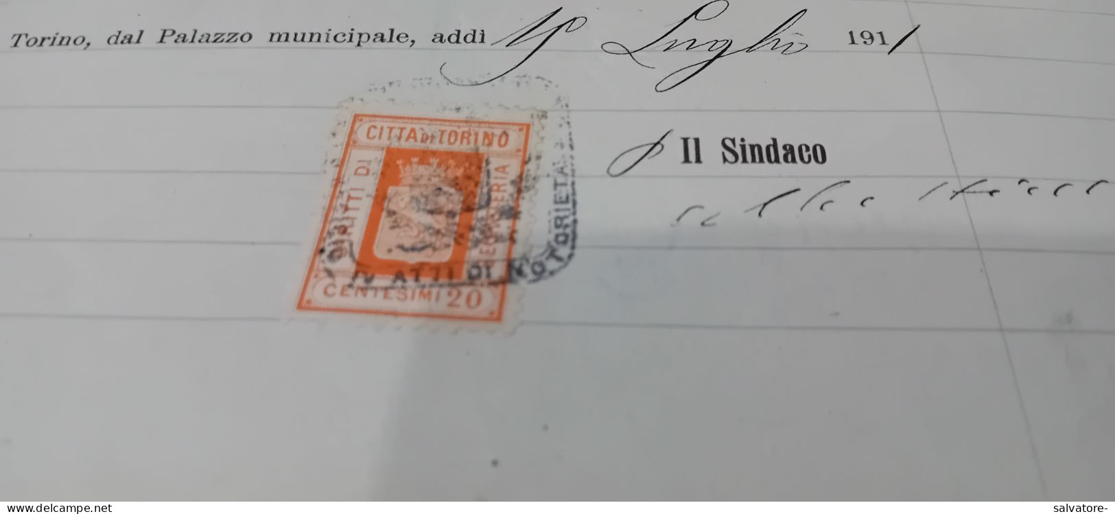 MARCA DA BOLLO DIRITTI DI SEGRETERIA 20 CENTESIMI COMUNE DI TORINO- 1911 - Revenue Stamps