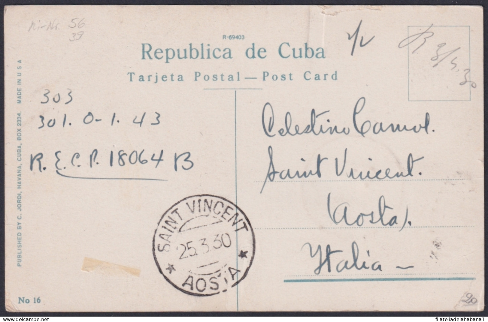 1927-H-52 CUBA REPUBLICA 5c AIRMAIL REMEDIOS TO ITALY. HAVANA PLAZA HOTEL POSTCARD.  - Lettres & Documents