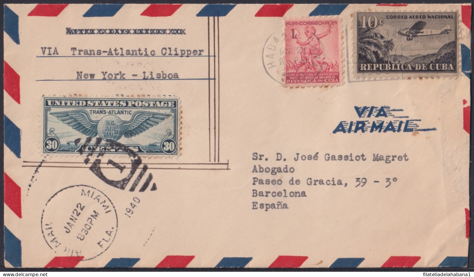 1931-H-116 CUBA REPUBLICA 10c AIRMAIL FORWARDED TRANS CLIPPER US STAMP TO SPAIN.  - Cartas & Documentos