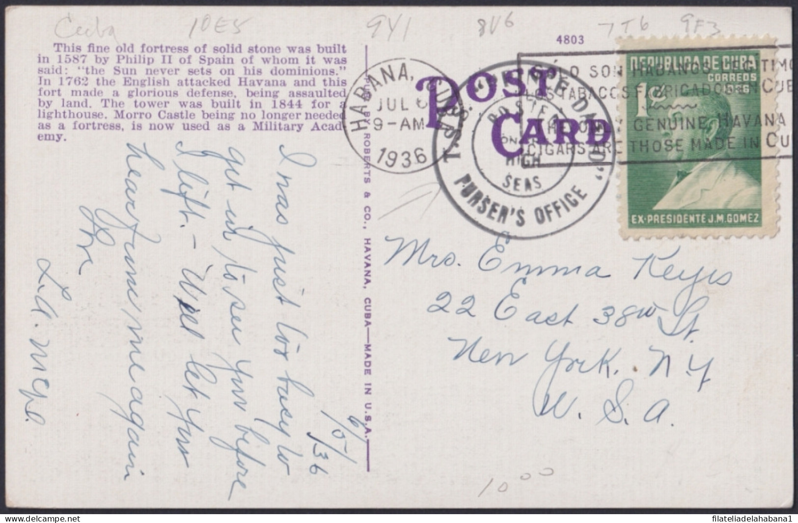 1936-H-122 CUBA REPUBLICA 1c JOSE M GOMEZ POSTED HIGH SEA TO USA.  - Cartas & Documentos