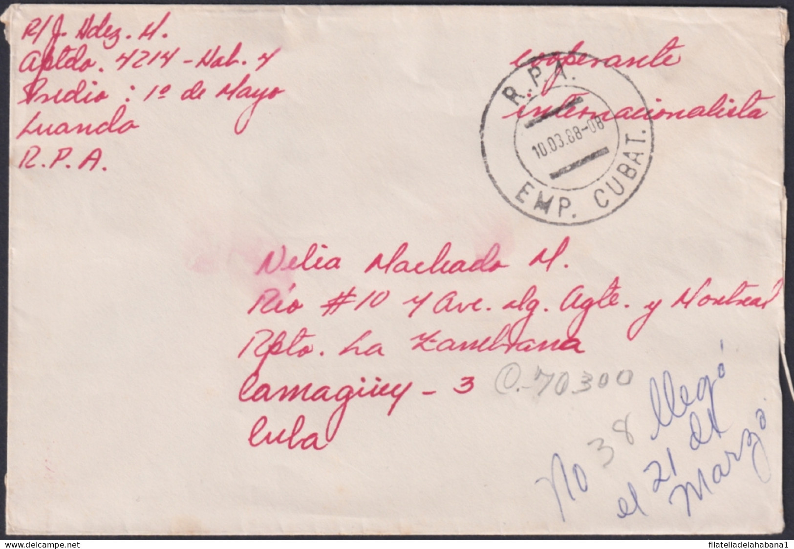 1988-H-22 CUBA 1983 ANGOLA WAR MILITAR FREE POST COVER TO HAVANA RARE “RPA”.  - Lettres & Documents